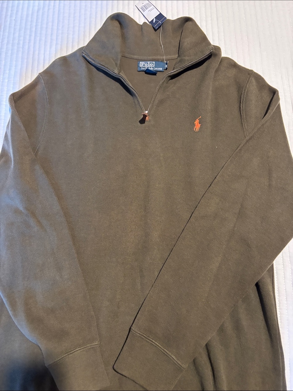 NWT Men's Polo by Ralph Lauren Olive Half-Zip Pullover with Orange Pony